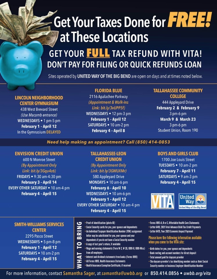 Free Taxes flyer. All information from this flyer is listed above.