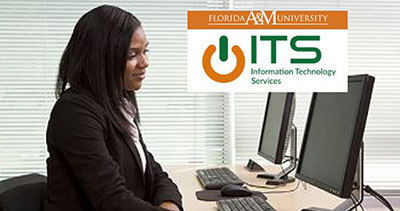 African American woman in computer lab, Florida A&M logo