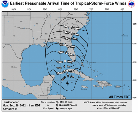 Projected Storm Path Times Map of Hurricane Ian. 