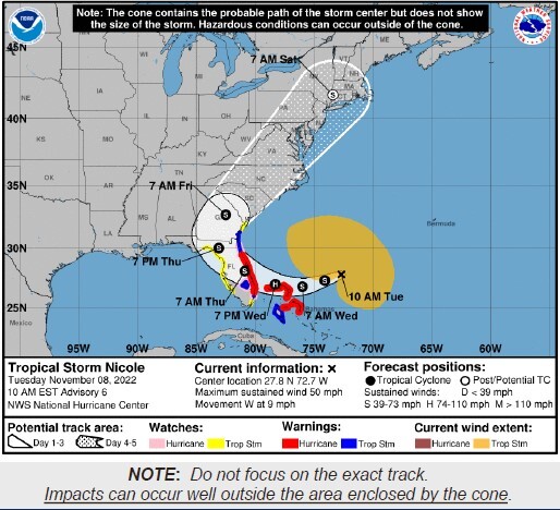 The map of the path of Tropical Storm Nicole that is set to hit Florida early Thursday morning. 