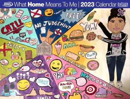 What Home Means to Me 2023 Calendar Cover features a girl pointing to all the things that mean home to her. 