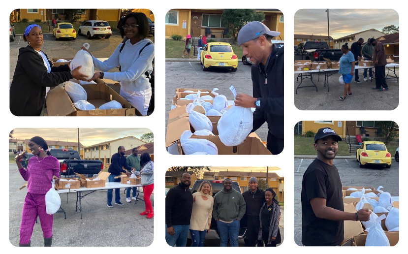 Various images of families receiving their Thanksgiving turkeys.
