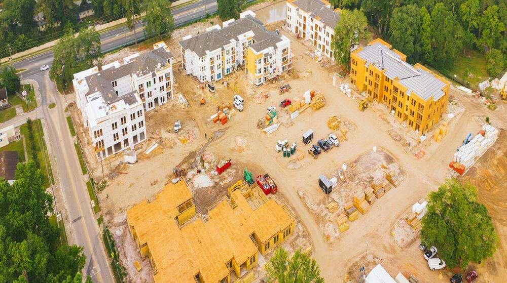 Construction of apartment areas seen from above. 