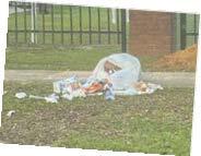 Broken garbage bag with trash strewn about.