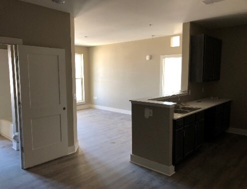 Interior of an apartment in a kitchen, showing a living room. 