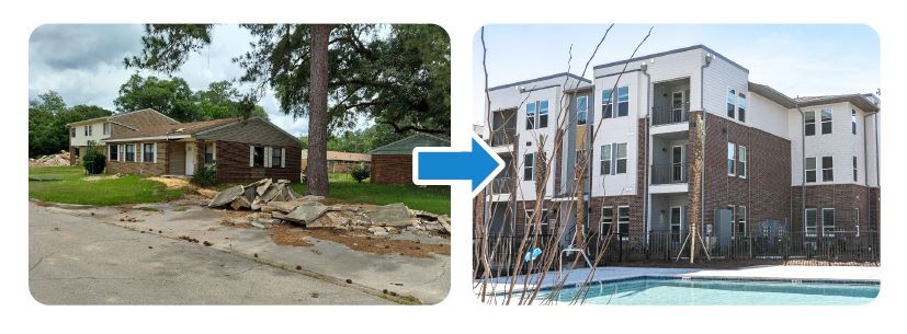 Photos of a dilapidated home and a new apartment. 