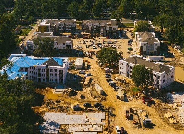 Aerial view of apartment complex.