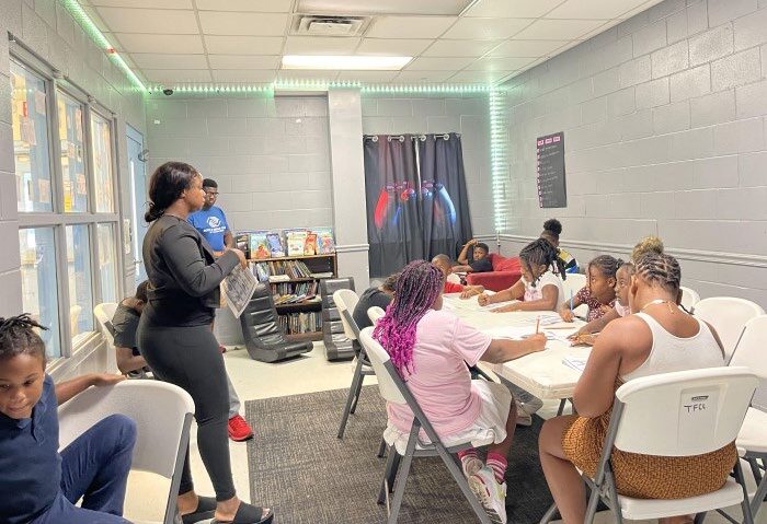 Group inside decorating crafts.