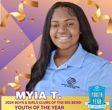 Young woman smiling with text that reads 2024 Boys and Girls Clubs of the Big Bend, Youth of the Year