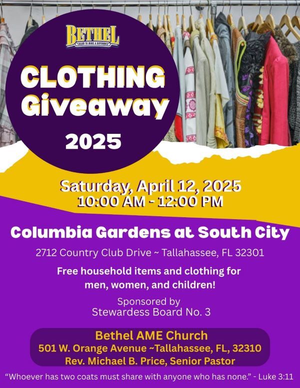 Clothing Giveaway Flyer. All information from this flyer is listed below.