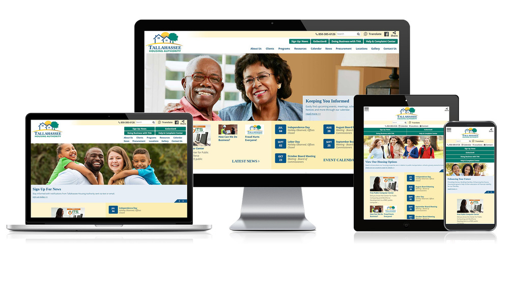 4 responsive views of the Tallahassee Website (laptop, desktop, tablet, smartphone)