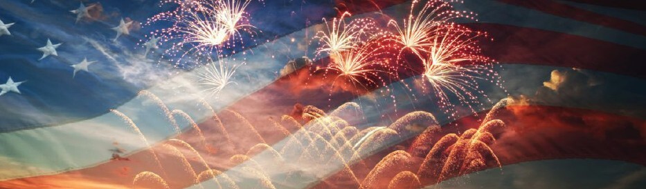 fireworks exploding on a flag background.