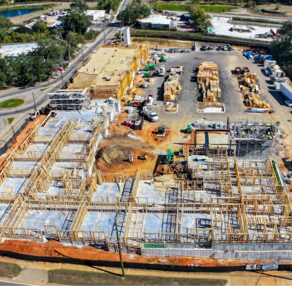 An aerial view showing the building of Lake Bradford.