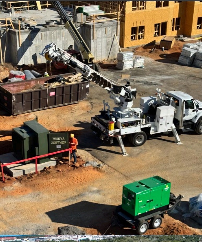 A truck with a crane helping place large items.