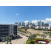 A birds eye view of the city, skyscrapers and a construction site