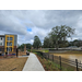 A wide view of the landscaping around the apartments.