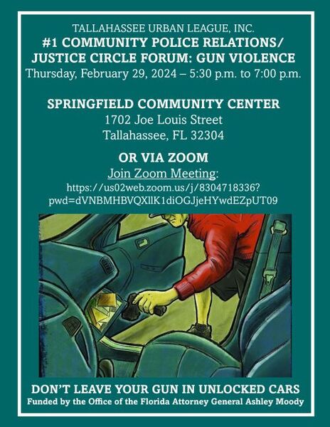 ThursFeb295to730SpringfieldCommunityCenterTULAdjusted.jpg Community Police Relations/Justice Circle Flyer, the information in this flyer is in the image caption.